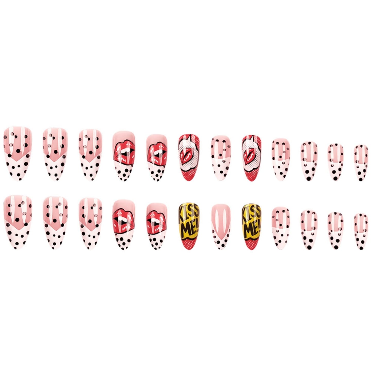 octoswave Long Almond Press on Nails with Romantic Red Lips and Polka Dots Design, Glossy Acrylic Fake Nails for Women Party and Date Night Styling, 24Pcs