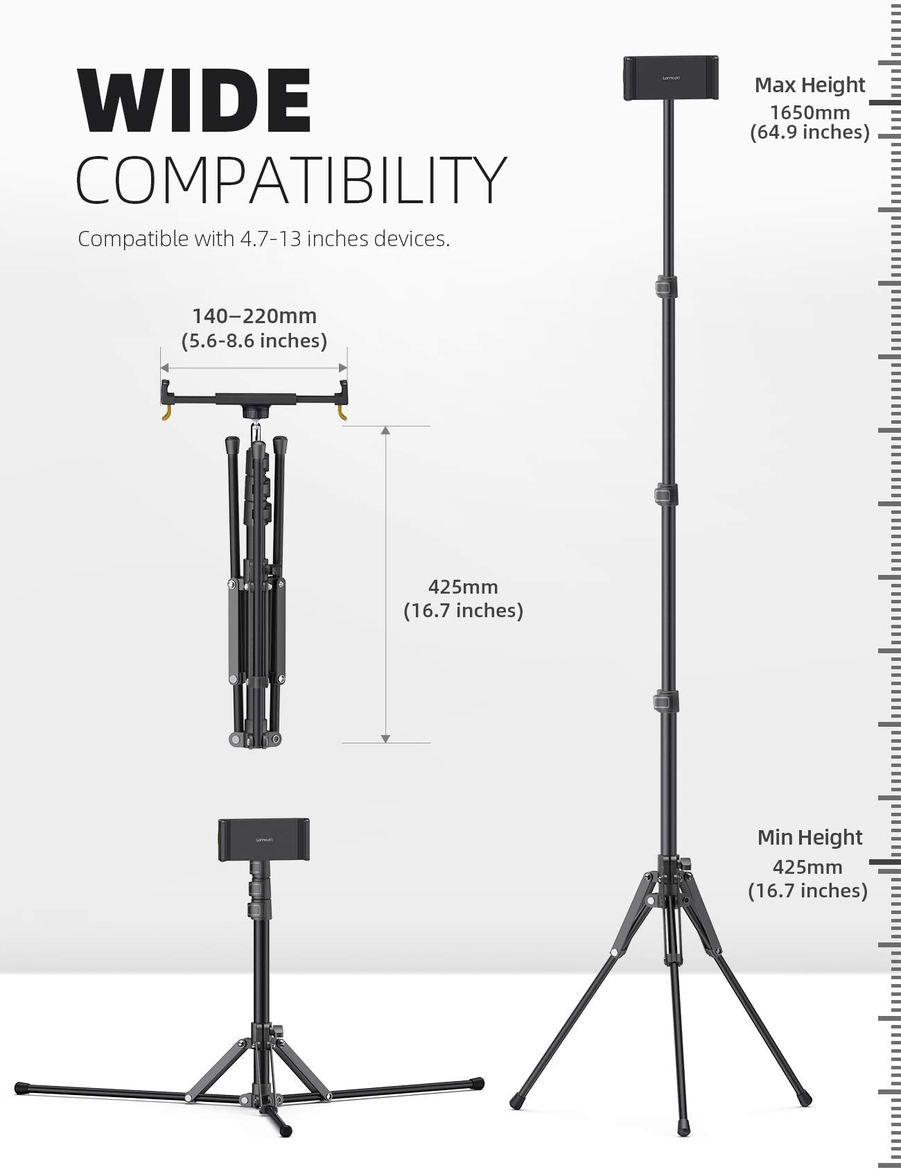 Lamicall Tablet Floor Tripod Stand - 64.9" Tablet Holder Mount with Adjustable Height for Stream/Watching with Bluetooth Remote, Gifts for iPad Pro 12.9/11" Mini, Air, iPhone, 4.7-13" Devices