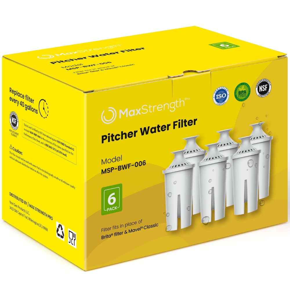 Max Strength Pro Water Filter Replacement for Brita® Pitchers & Dispensers, Classic OB03, Mavea® 107007, 35557 & More, NSF Certified Water Pitcher Filter, 1 Year Supply, Fits Brita & Mavea, 6 Count