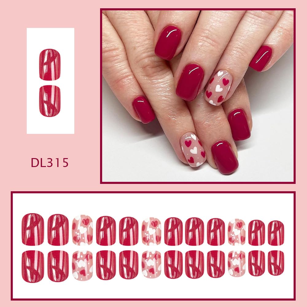 24Pcs Valentine Short Press on Nails Wine Red Fake Nails Heart Full Cover Glue on Nails Square White Heart False Nails for Women Glossy Acrylic Nails Press ons Valentine Nails Manicure Kit