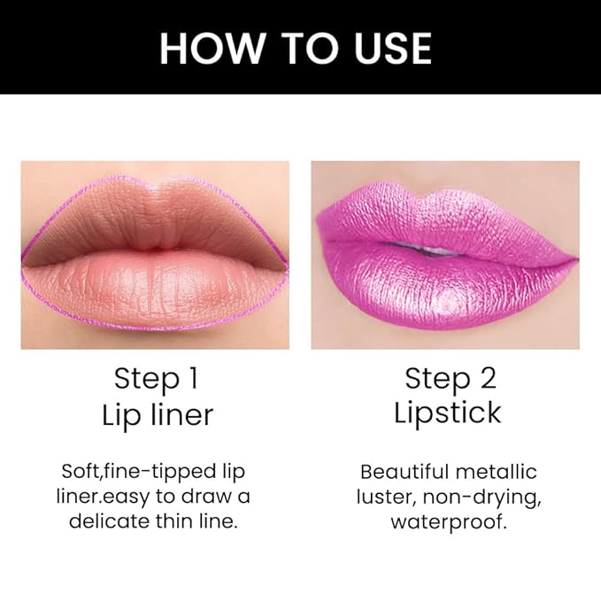 evpct 3Pcs Nude Pink Rose Red Metallic Shine Shimmer Lip Liner and Lipstick Combo Set Kit for Women, Lightweight Hydrating Formula High Impact Full Coverage Lipstick and Lip Liner Makeup Gloss