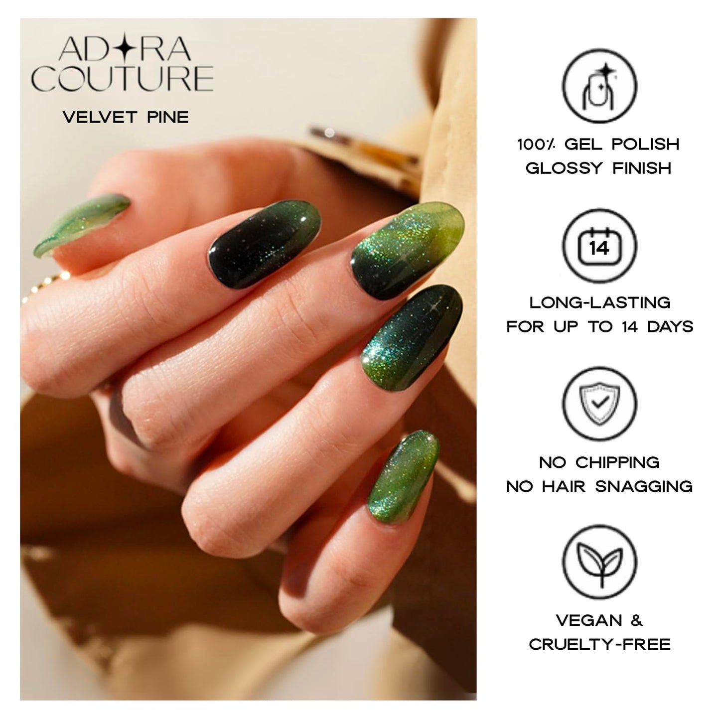 Adora Couture Semi-Cured Gel Nail Strips - 30 Salon-Quality Stickers with UV Light Required, Long Lasting, Easy Application & Removal, Includes Prep Pads, Nail File, Wooden Stick (Green Velvet)