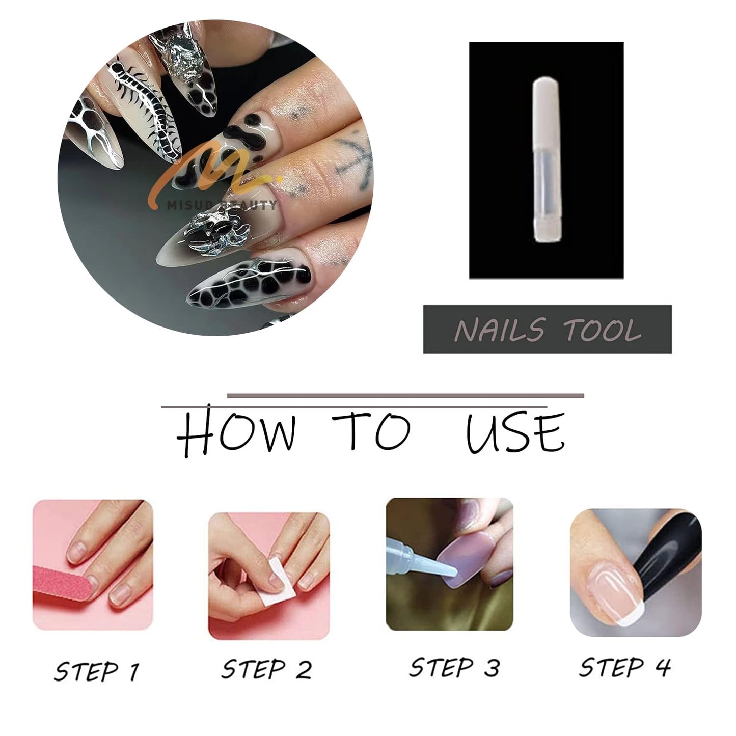 MISUD Press on Nails - Long Stiletto Fake Nails with Goth Black Silver, Acrylic Gothic Y2K Chain Design 24 pcs