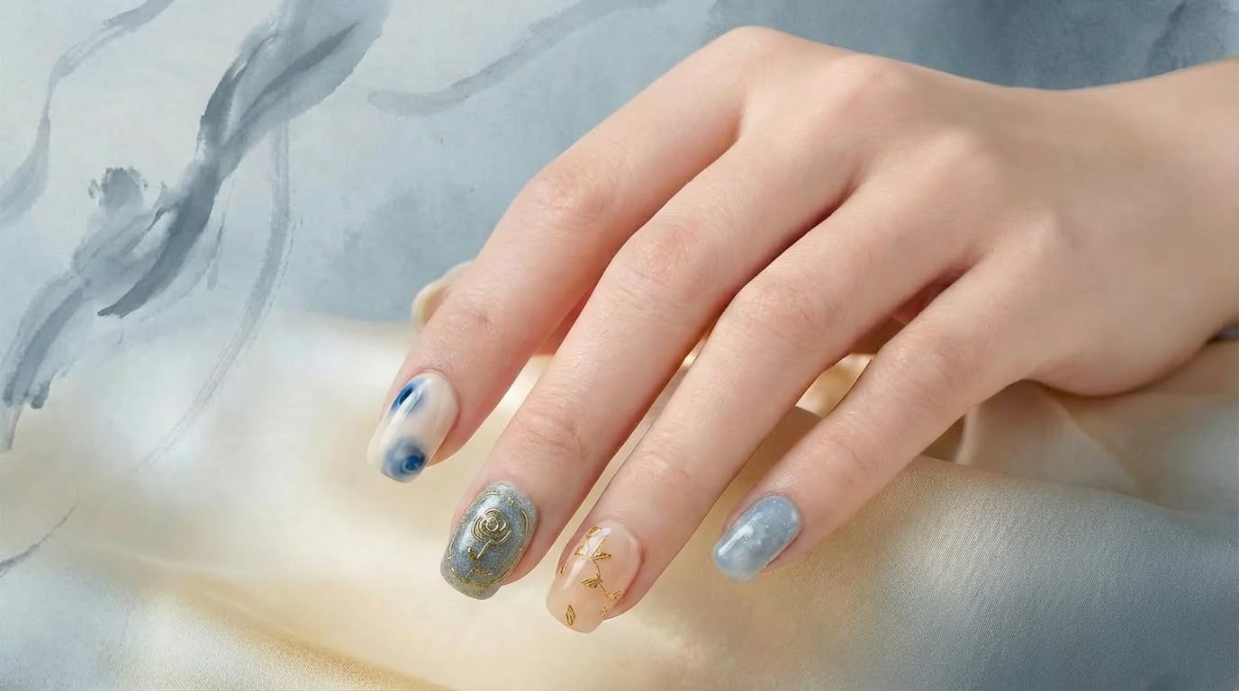 Blue Enchantress - Handmade Short Coffin Press on Nails Blue Fake Nails with Butterfly & Floral Design 10Pcs Size M Complete Kit Press Ons - Eli Miré