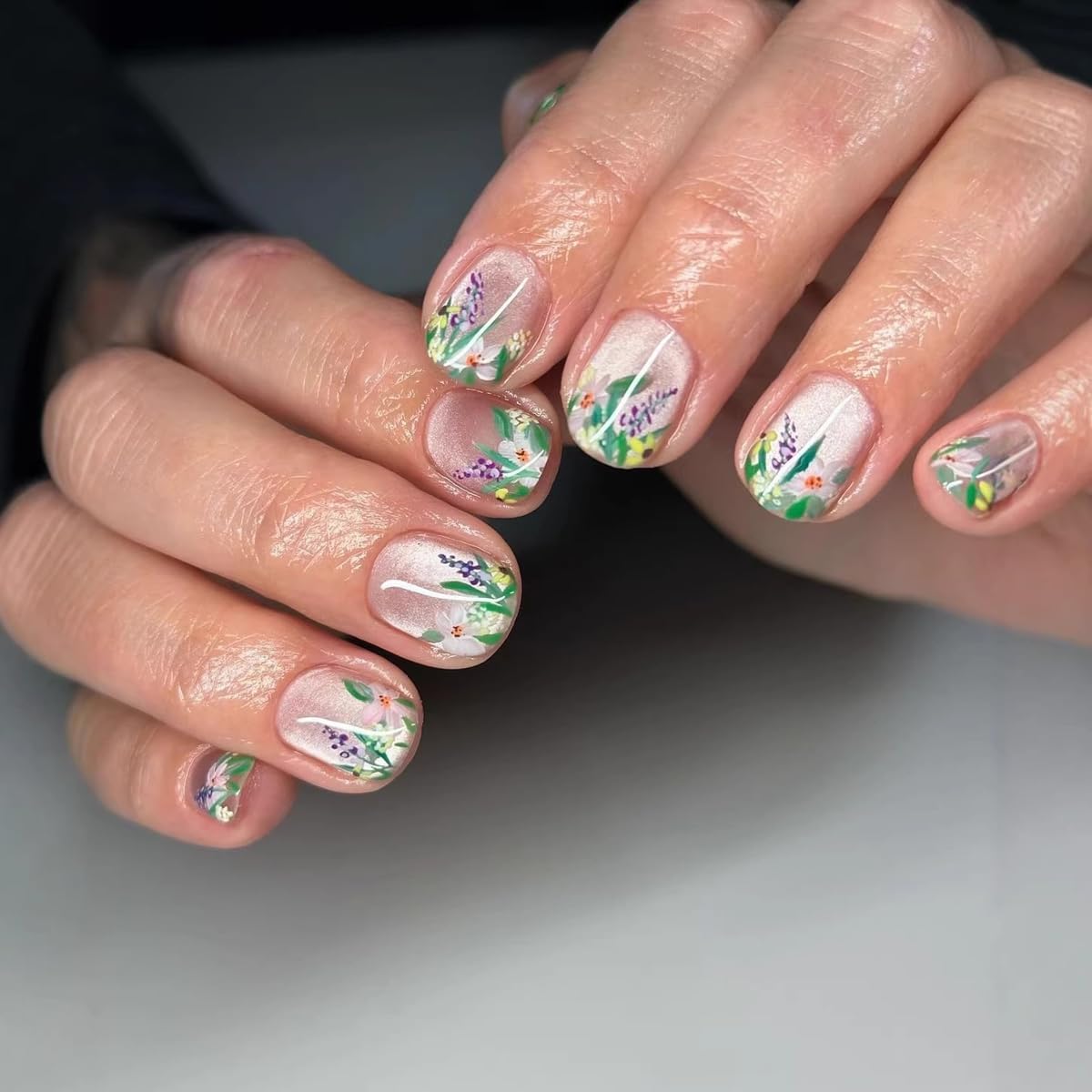 Spring Press on Nails Short Square Fake Nails White Glass Nails Press ons with Wildflower, Lavender Design,Reusable Artificial Nail Full Cover Stick on Nails for Women Manicure 24 Pcs
