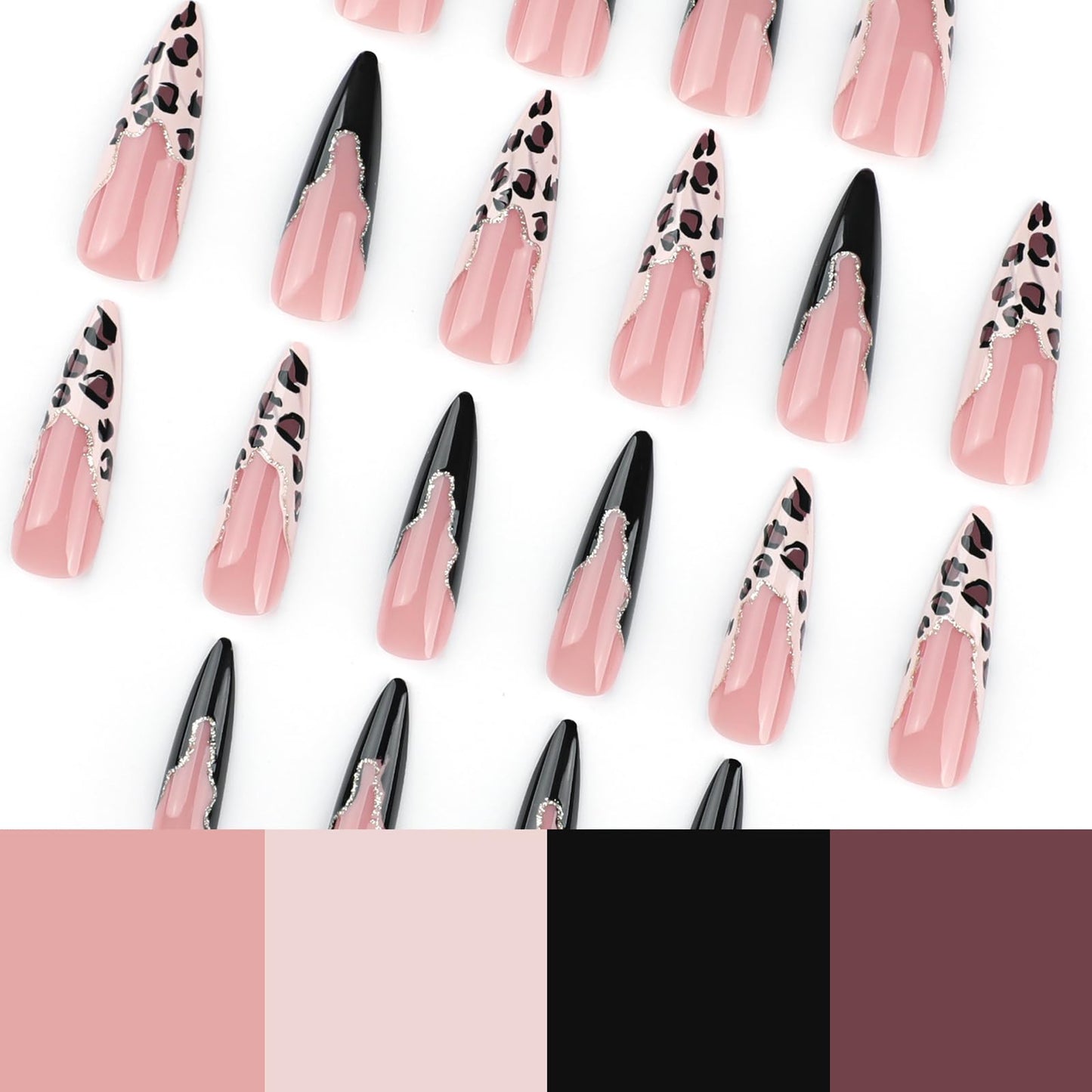 MISUD Press on Nails - Long Stiletto Glue on Nails with Black French Tip, Acrylic Cheetah Leopard Design 24 pcs