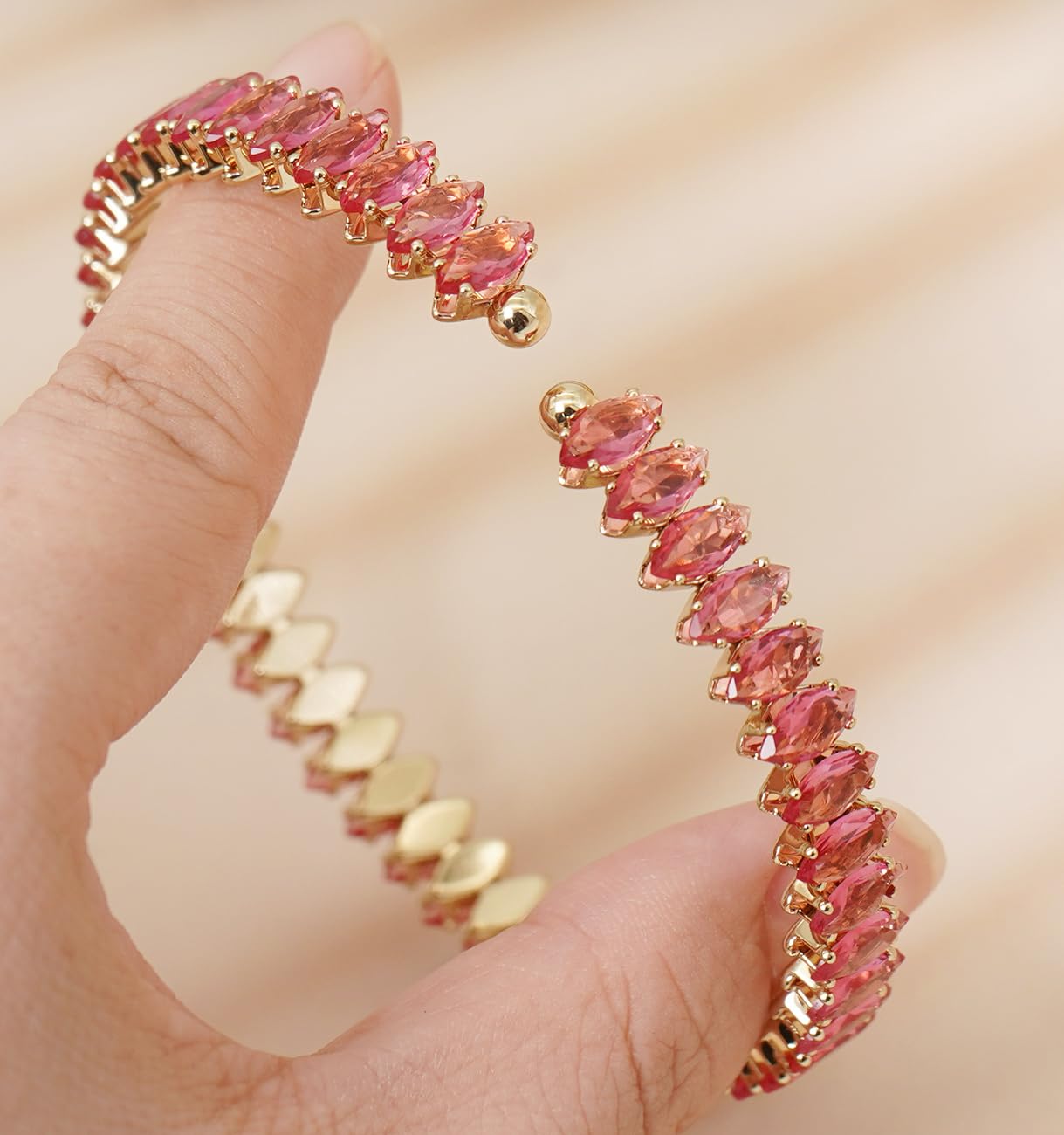 Wovanoo Rhinestone Cuff Bracelet Cubic Zirconia Tennis Bracelets Open Adjustable Elastic Bangle for Women Gold Rose Red
