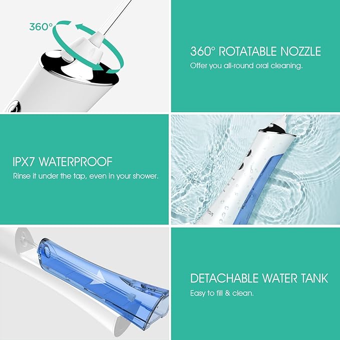 VOYOR-HEALTH Water Dental Flosser for Teeth Cordless, Portable Oral Irrigator with 3 Modes 4 Tips, IPX7 Waterproof Rechargeable Electric Flosser for Teeth Deep Cleaning for Travel Home WF300 (Blue)