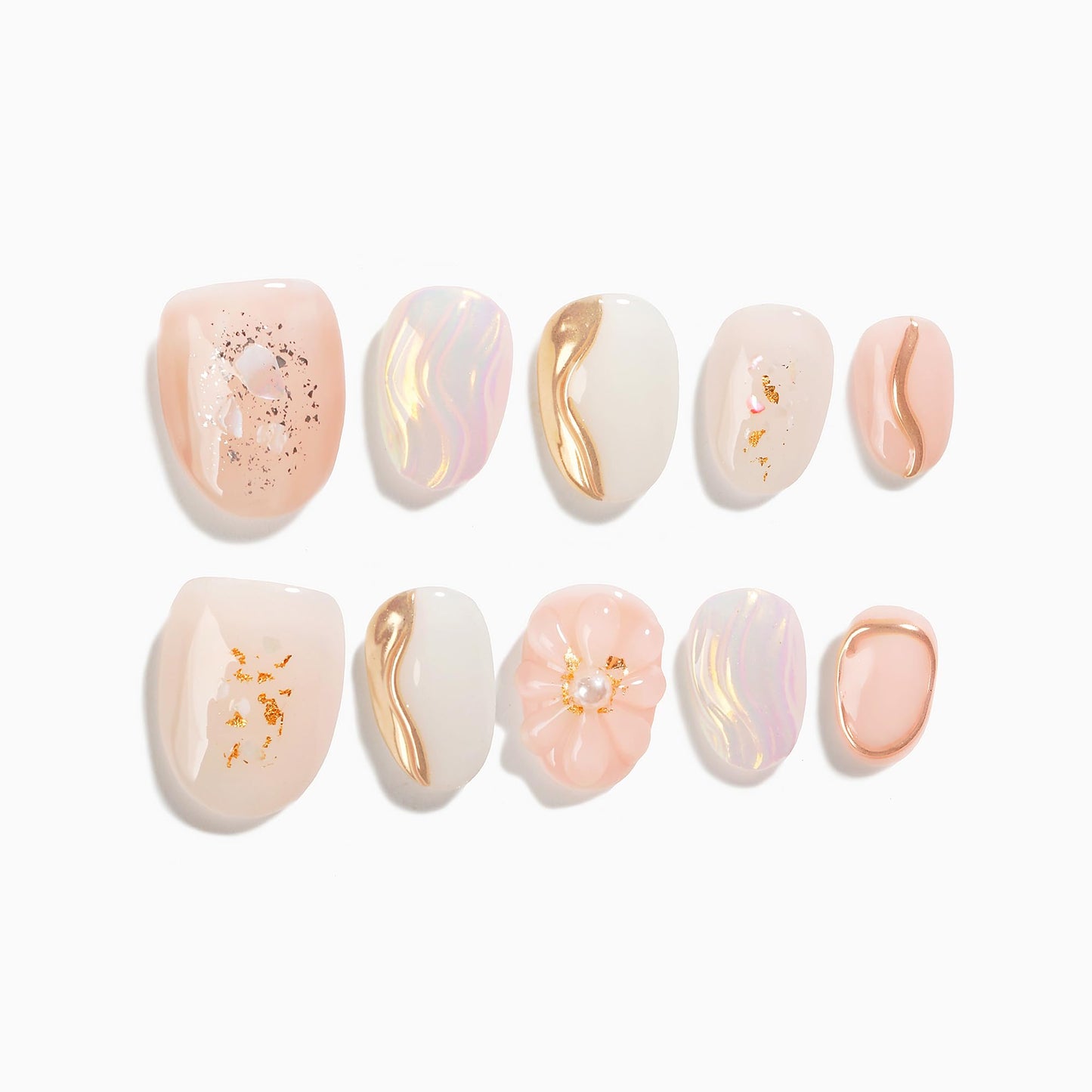 Sun&Beam Nails Handmade Press-on Short Round White Beige Gold 3D Mirror Pearl Design False Nail Tips 10 Pcs (#131 M)