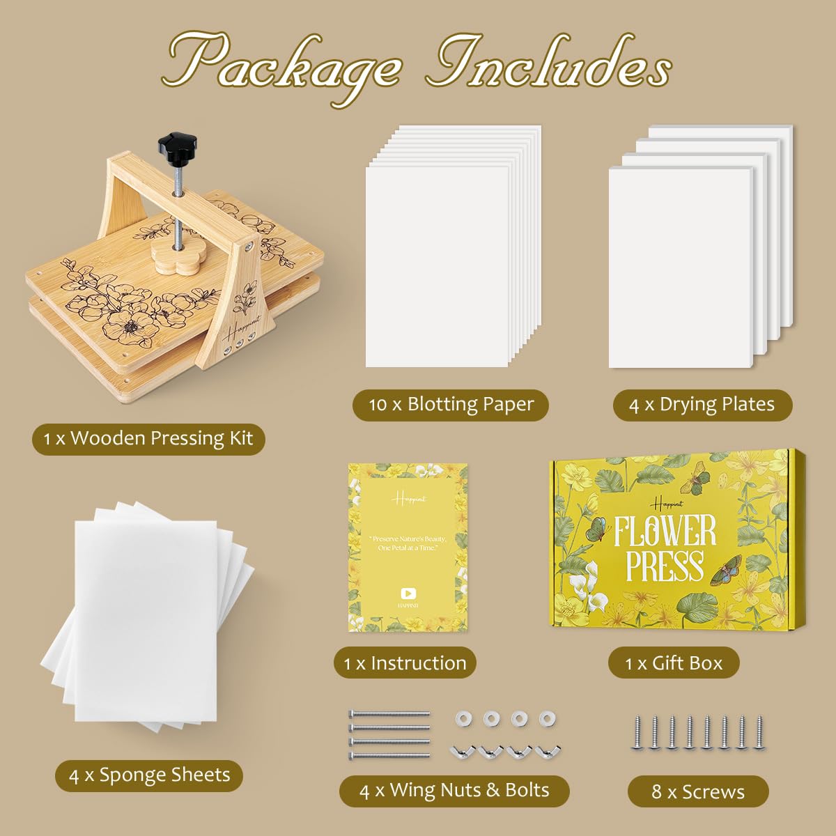 Happinit Large Flower Press Kit - 6 Layers 11" x7" Even Pressure for DIY Arts, Pressing for Adults, Dried Plant Preservation for Craft Lovers