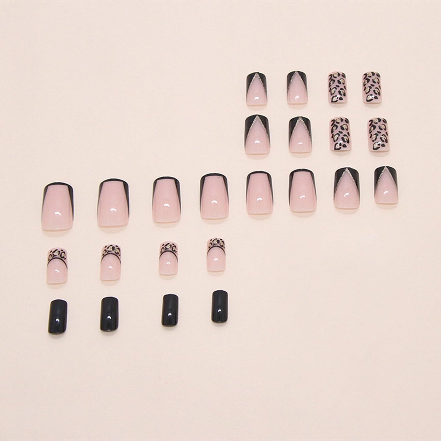 SINHOT Press on Nails - Short Square Fake Nails, Glossy Finish, Black French Tip & Cheetah, DIY Artificial False Nail Art - 24 Pcs Nail Kit with Glue