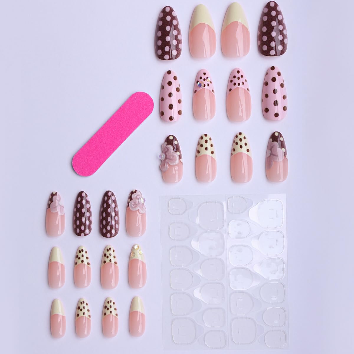 Polka Dot Press on Nails with Flower Accent,Medium Almond Fake Nails Spring Nails Press ons with Design,Reusable Artificial Nail Full Cover Glossy Glue on Nail Stick on Nails for Women Manicure 24Pcs