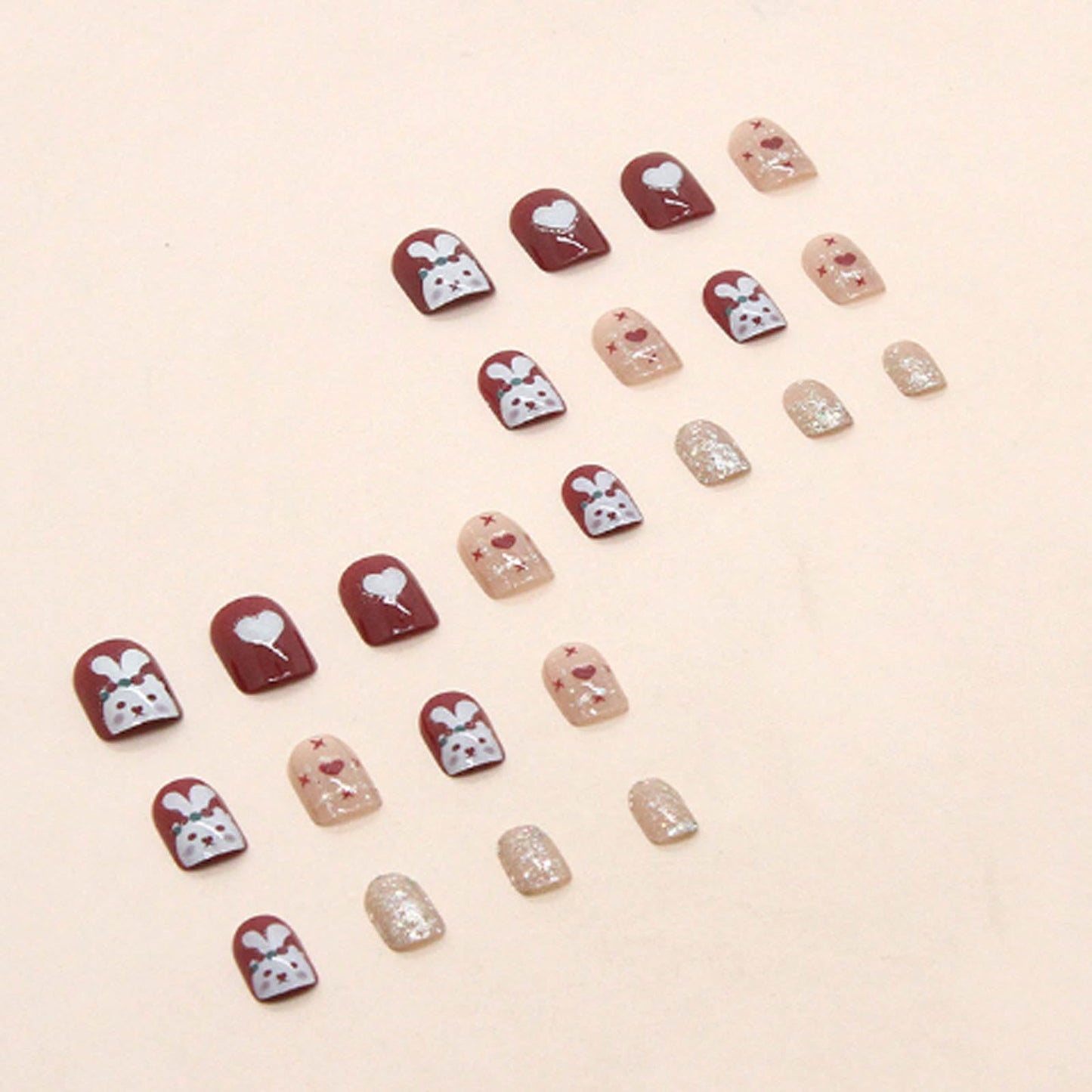 Hkanlre Square Rabbit Press on Nails Short Sequins Tips Full Cover Red False Nails Fake Nails for Women 24PCS