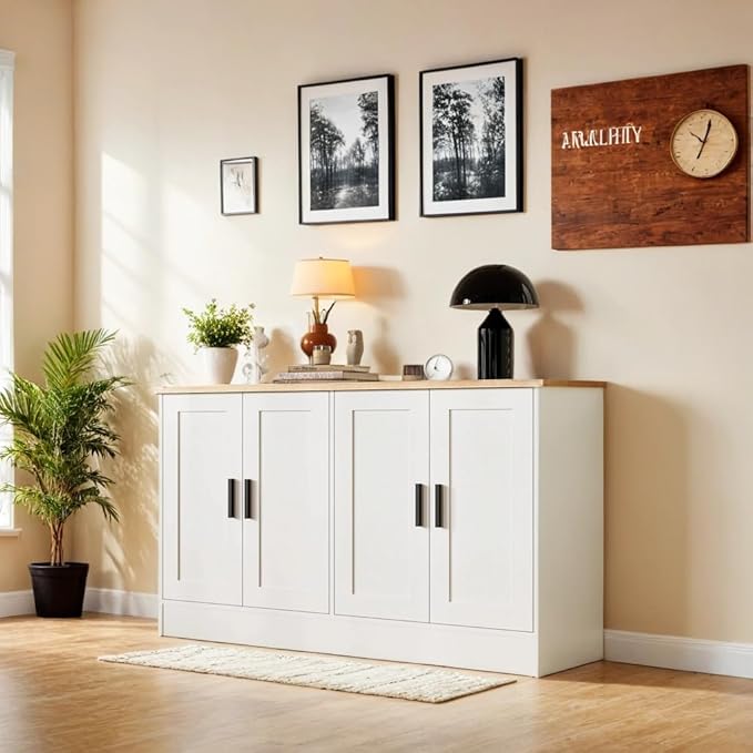 White Sideboard Buffet with 4 Doors, Accent Coffee Bar, Kitchen Cabinet for Living Room, Kitchen or Hallway
