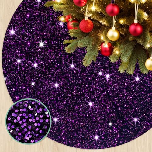 Christmas Purple Tree Skirt 36 Inches Sequin Tree Skirts Sparkle Tree Floor Mats Royal Purple Xmas Tree Cover Skirt Halloween Tree Skirt Christmas Decor Tree Skirts for Winter Supplies