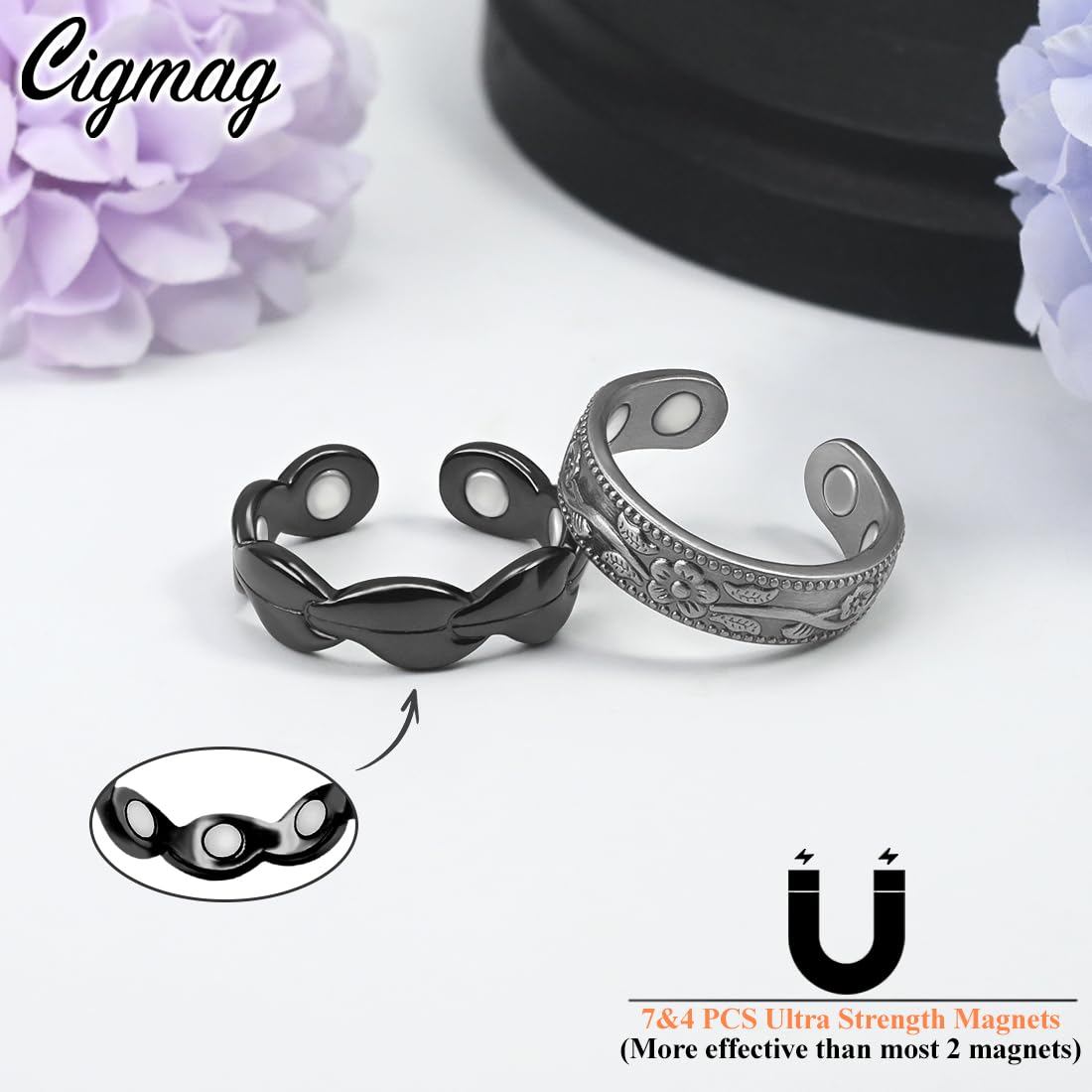 Cigmag 7X Copper Rings for Women 99% Solid Pure Copper Ring Adjustable with Present Box (2PCS Black)
