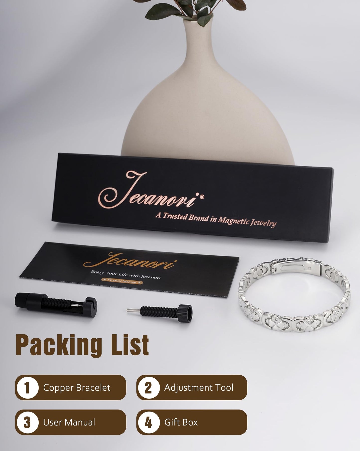 Jecanori Magnetic Copper Bracelet for Women — 3500 Gauss Magnets — Premium Fold-Over Clasp & Adjustable Length,Silver