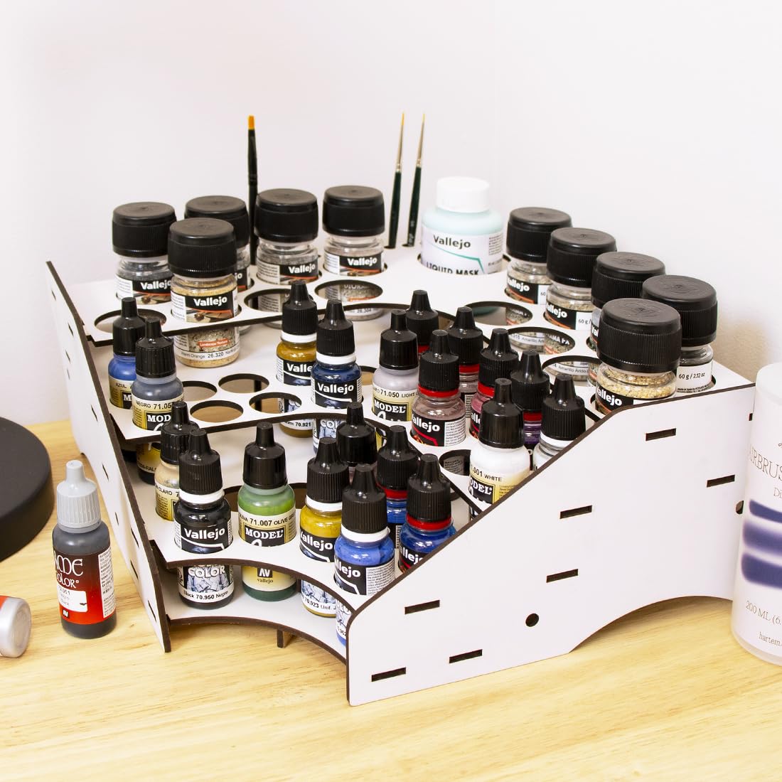 Hartem - Paint Otganizer | Corner Model Paint Rack for Acrylic Paints & Brushes | Holds 28 (0.57 fl oz) + 16 Bottles (1.18 fl oz or 2.03) + 1 Bottle (6.76) & 26 Brushes | Acrylic Stand for Miniatures