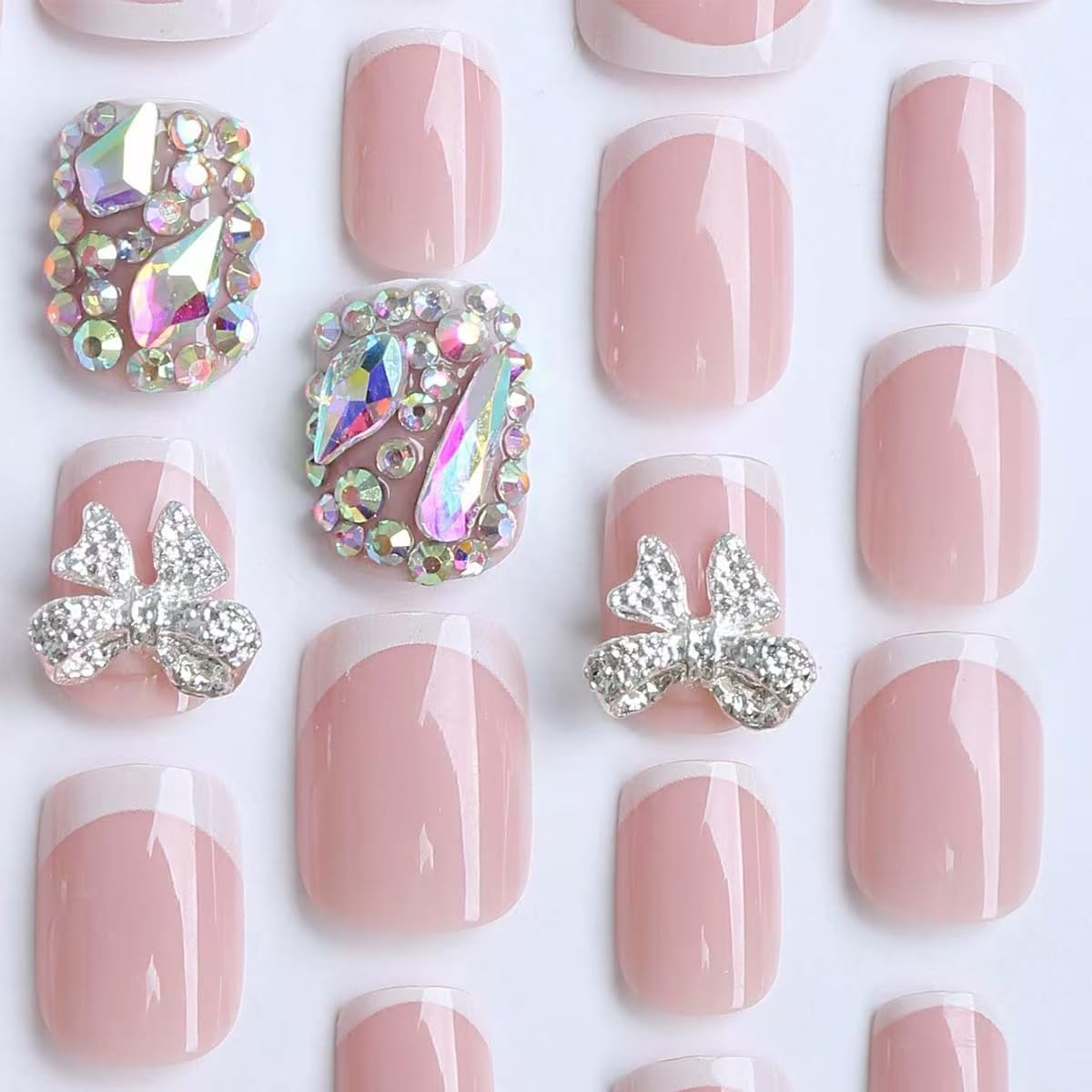 Rhinestone Press on Nails Square Medium Fake Nails with 3D Sliver Bow White French Tip Design Full Cover Sparkling Stick on False Nails for Women 24 Pcs