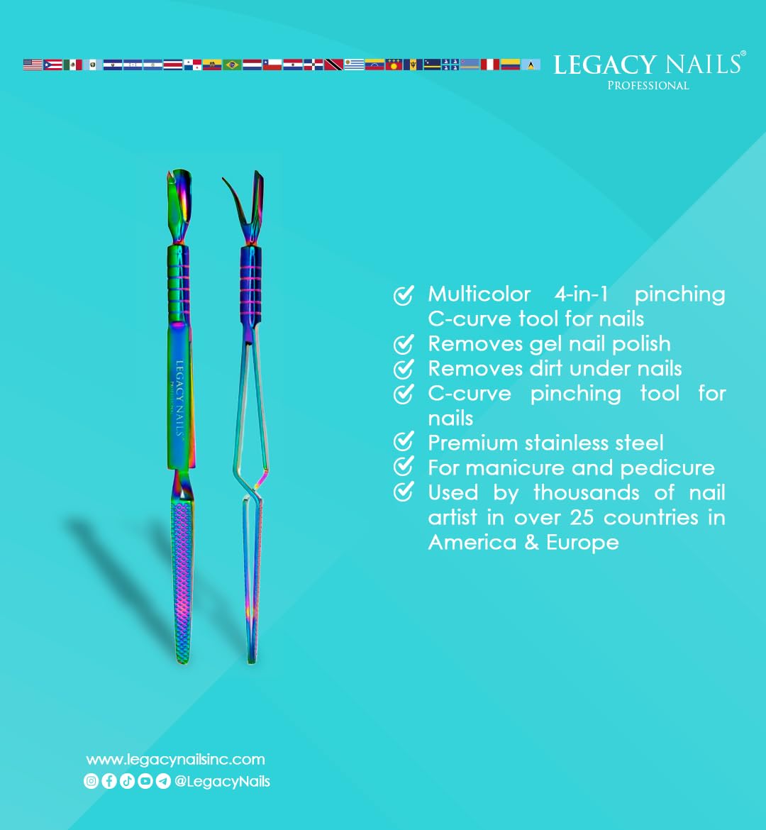 Legacy Nails Professional MULTICOLOR 3-IN-1 CURVE PINCHING TOOL - Stainless Steel tool - Removes gel nail polish, pushes dead cuticles, pinches acrylic extensions to improve the c-curve nail shape.