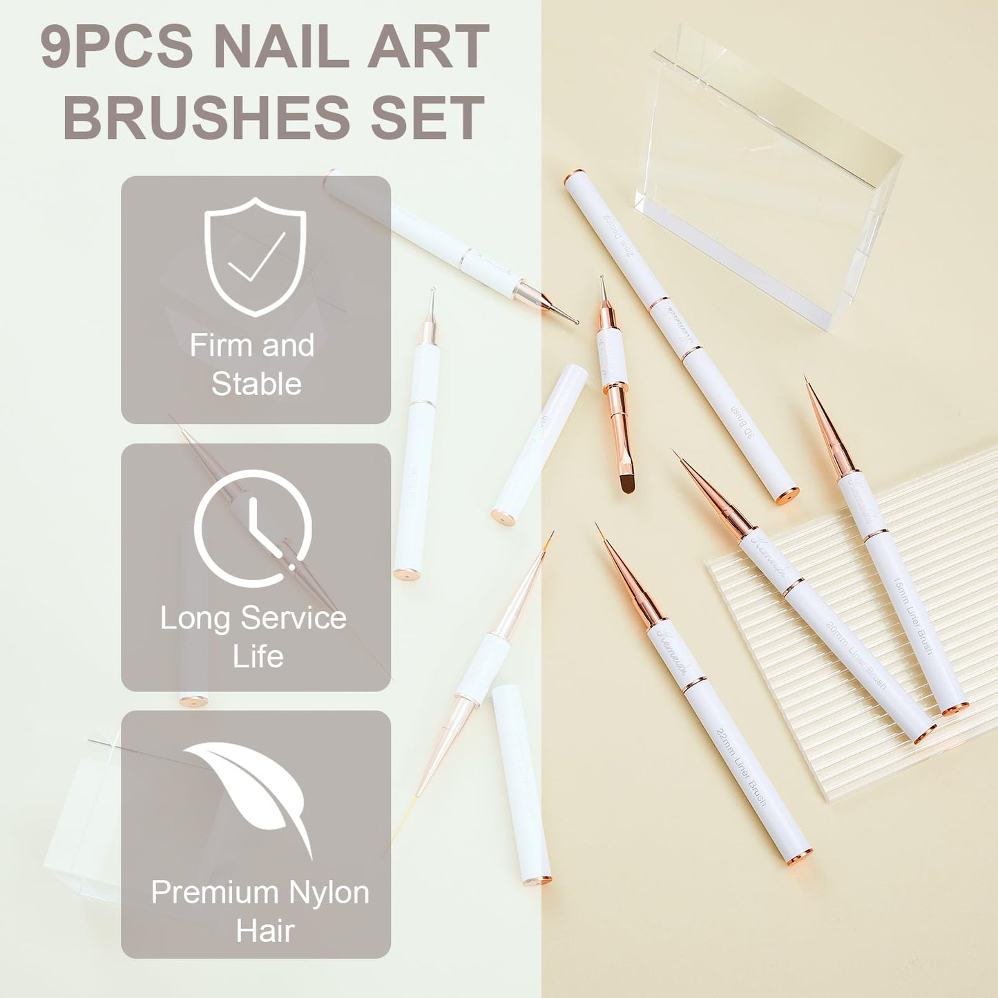 KEMEISI Nail Art Brush Set, 9PCS Double-Ended Acrylic Liner Brush Dotting Pen for Gel Polish, Nail Design Tools for Professional Manicure DIY Home Salon