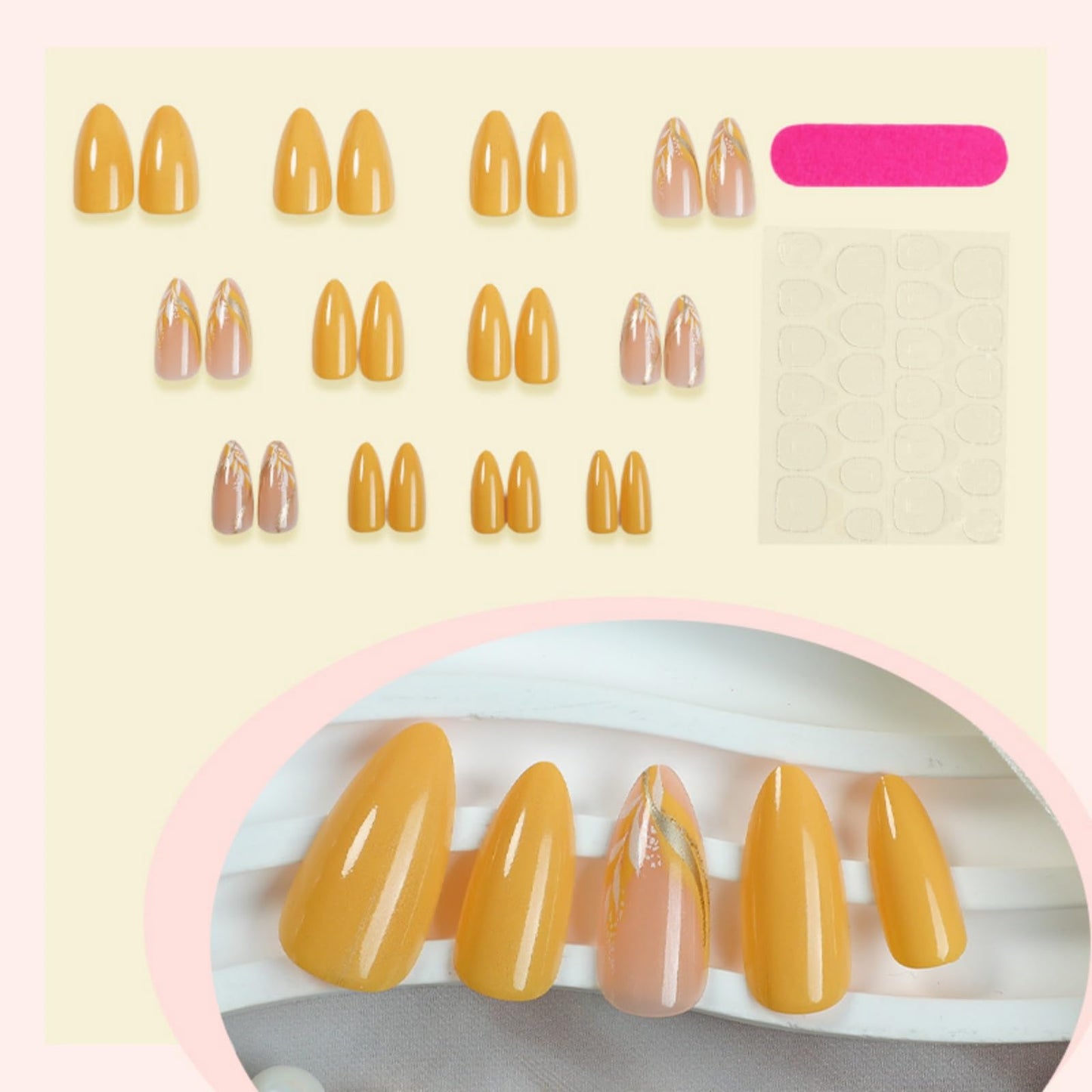 Almond Press on Nails Medium Fake Nails GoldFalse Nails Floral Artificial Nails with Designs Floral Stick on Nails for Women 24pcs