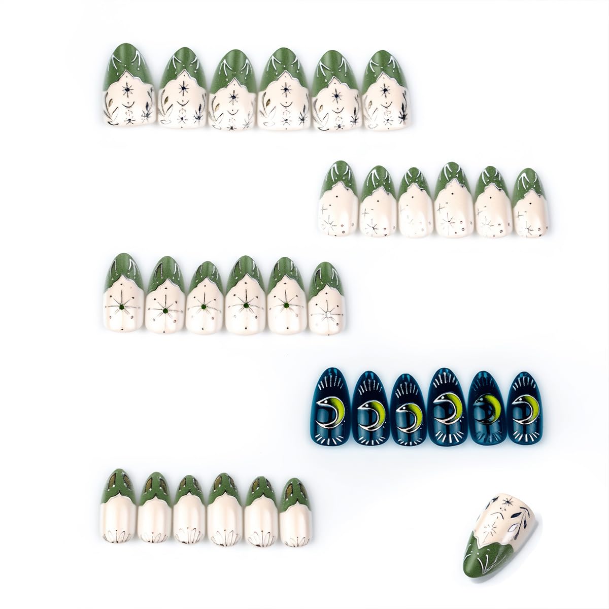30Pcs Star Press on Nails Medium Almond Fake Nails Green French Tip False Nails with Gilding Moon Design Glossy Full Cover Artificial Glue on Nails Cute Stick on Nails for Women Acrylic Manicure Salon