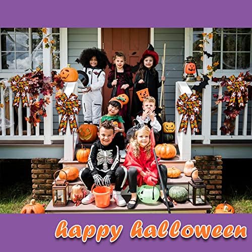 2PCS Halloween Wreath Bows Halloween Decor Bows Ghost Boo Buffalo Plaid Burlap Linen Bows for Wreath, Halloween Fabric Ribbon Bows for Home Party Indoor Outdoor Decoration Wreath Ornament Supplies