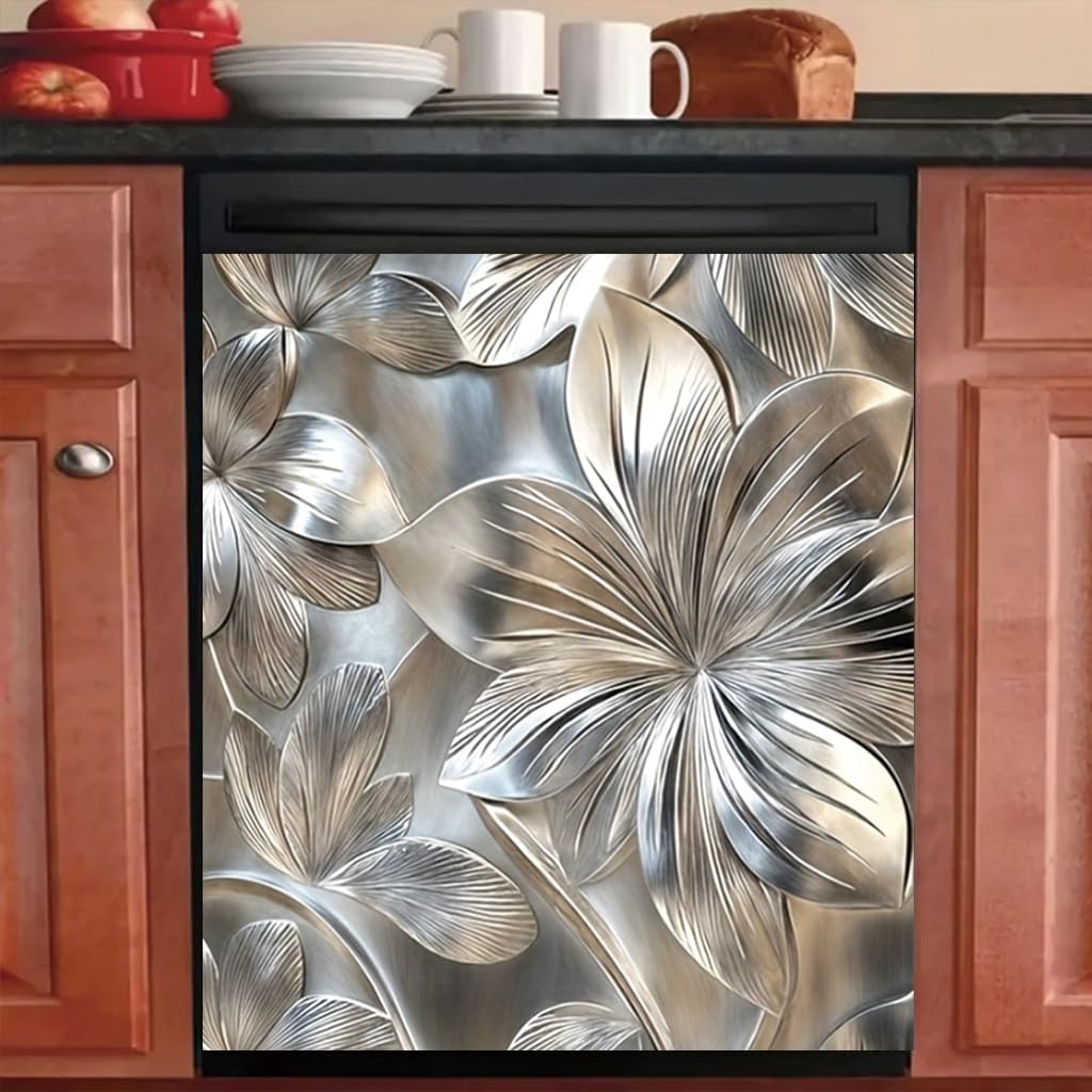 Tomhong 2D Flat Dishwasher Magnet Cover 23x26 Inch Silver Floral Kitchen Appliance Cover Decorative Front Removable Fridge Sticker Elegant Flower Art Kitchen Decor