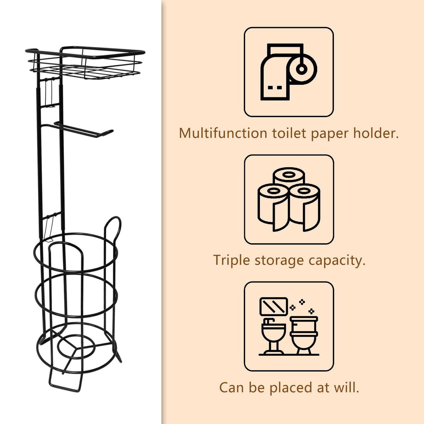 Toilet Paper Holder Stand Bathroom Toilet Paper Storage with Raised Base, Tissue Paper Roll Dispenser with Top Shelf (Black)