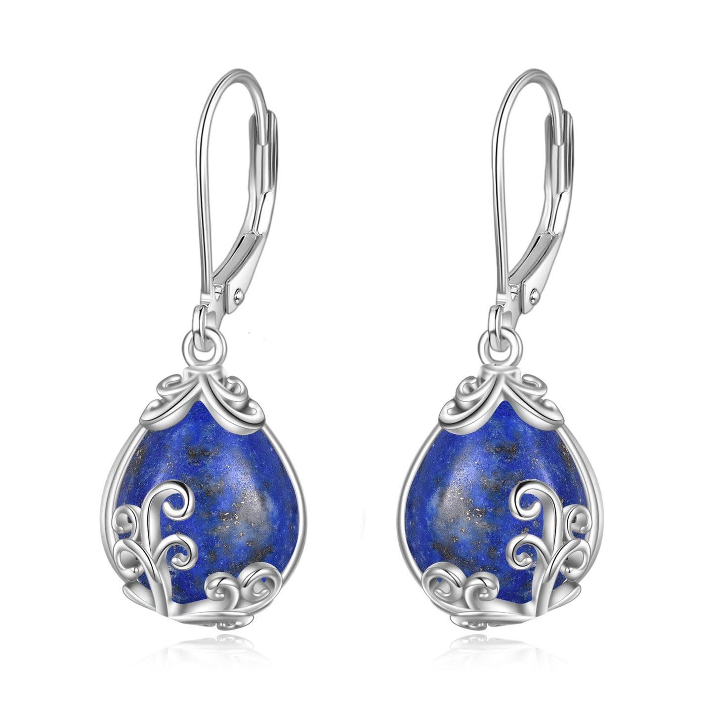 POPLYKE Lapis Lazuli Filigree Teardrop Drop Dangle Earrings Sterling Silver Crystal Leverback Earrings Jewelry for Women