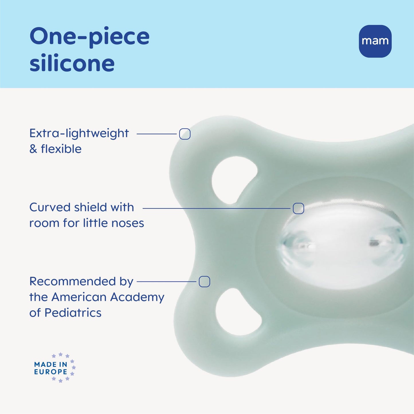 MAM Comfort Baby Pacifiers 3-12 Months Babies, Lightweight One-Piece Full Silicone Binky, BPA-Free Nipple, Easy to Clean Pacifier, Best for Breastfed Babies, 4 Count, Made in Europe