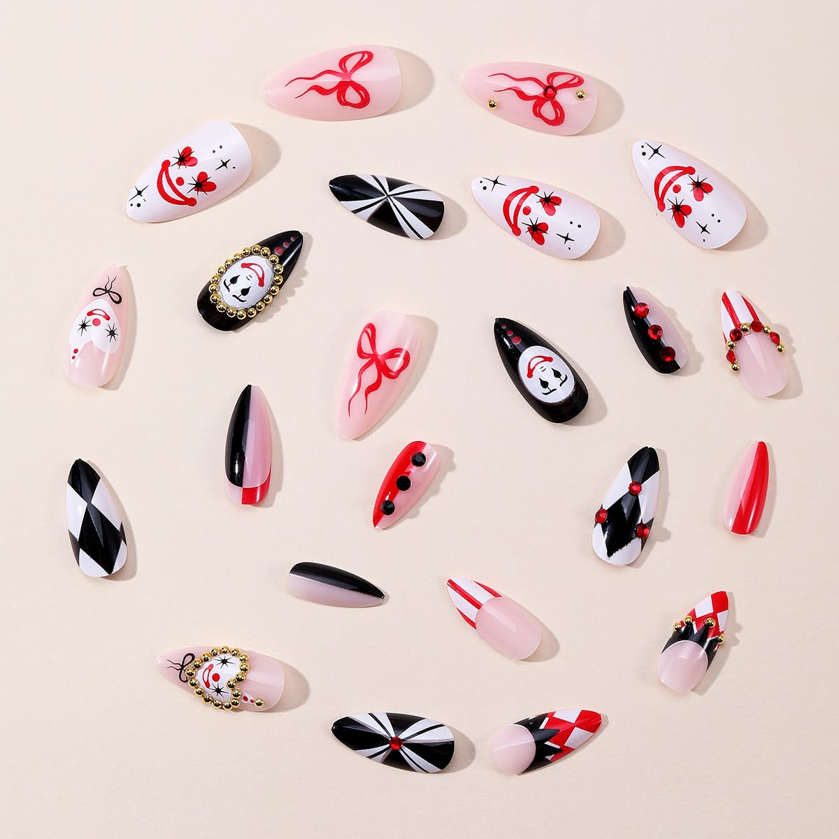 plalely Almond Press on Nails Long Black Fake NailClown Face Acrylic Nail Press ons Stick on Nails for Women 24pcs