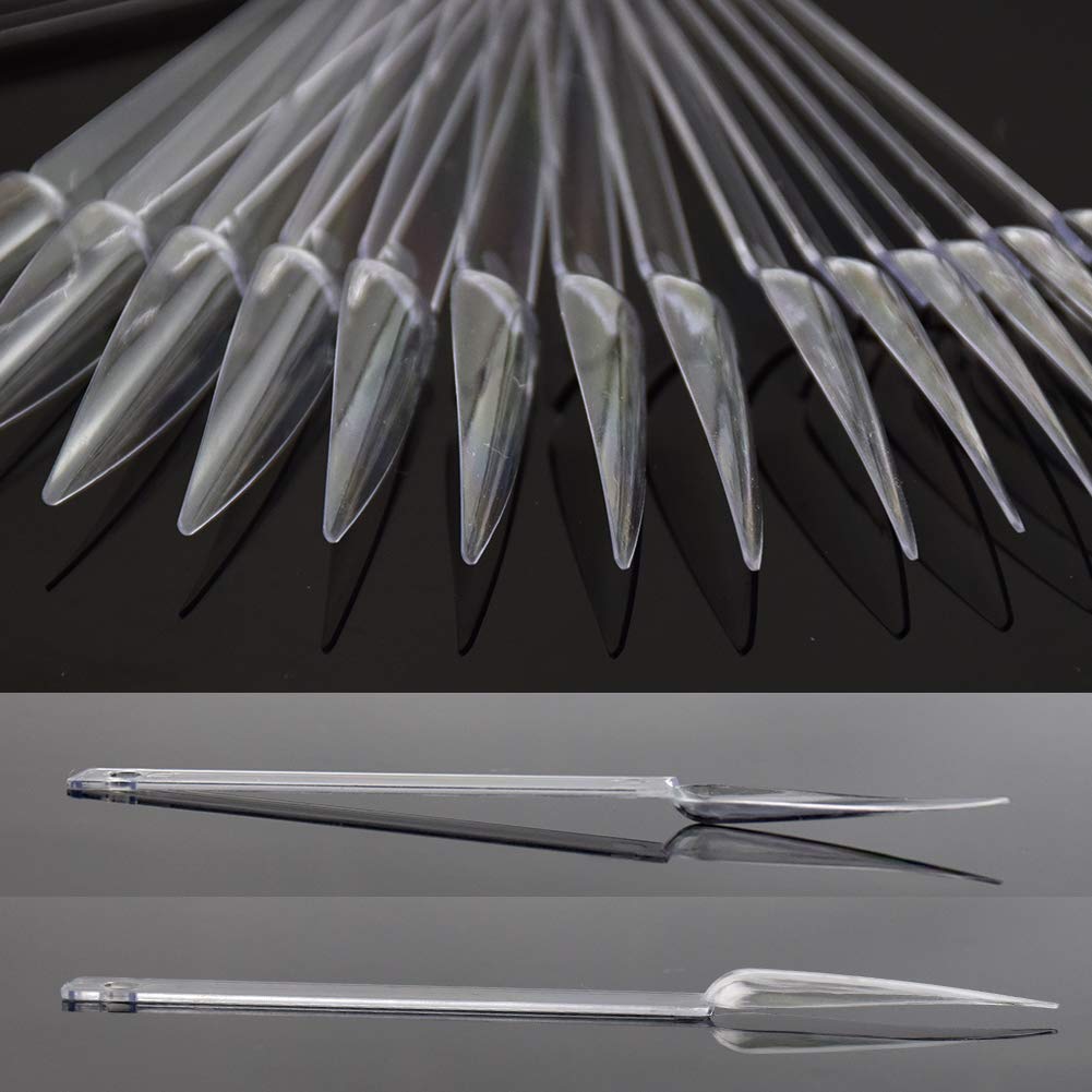 QIMYAR 160 Pcs False Nail Sticks - Fan Shaped Swatch Sticks, Display Board, Transparent, Black, Natural, Milky Colors, Stiletto Tips