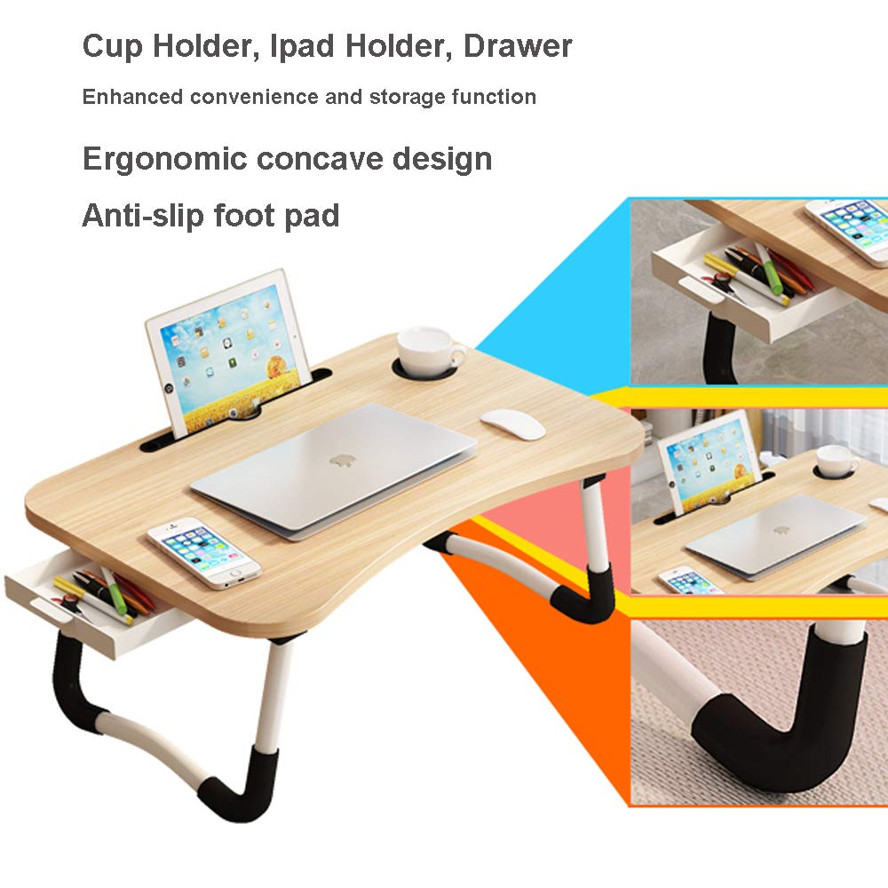 Lap Desk with Storage Drawer, Holders for Cup and Tablet, Laptop Bed Tray Table with Foldable Legs, Laptop Bed Stand, Portable Standing Table for Sofa Couch Floor (23", Walnut)