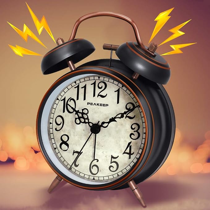 Peakeep Retro 4.5 inches Battery Operated Twin Bell Loud Alarm Clock | for Heavy Sleepers Adults, Old Fashioned Back to 80?€?s for Bedroom Desk Living Room Kids' Room Decoration (Black with Arabic)