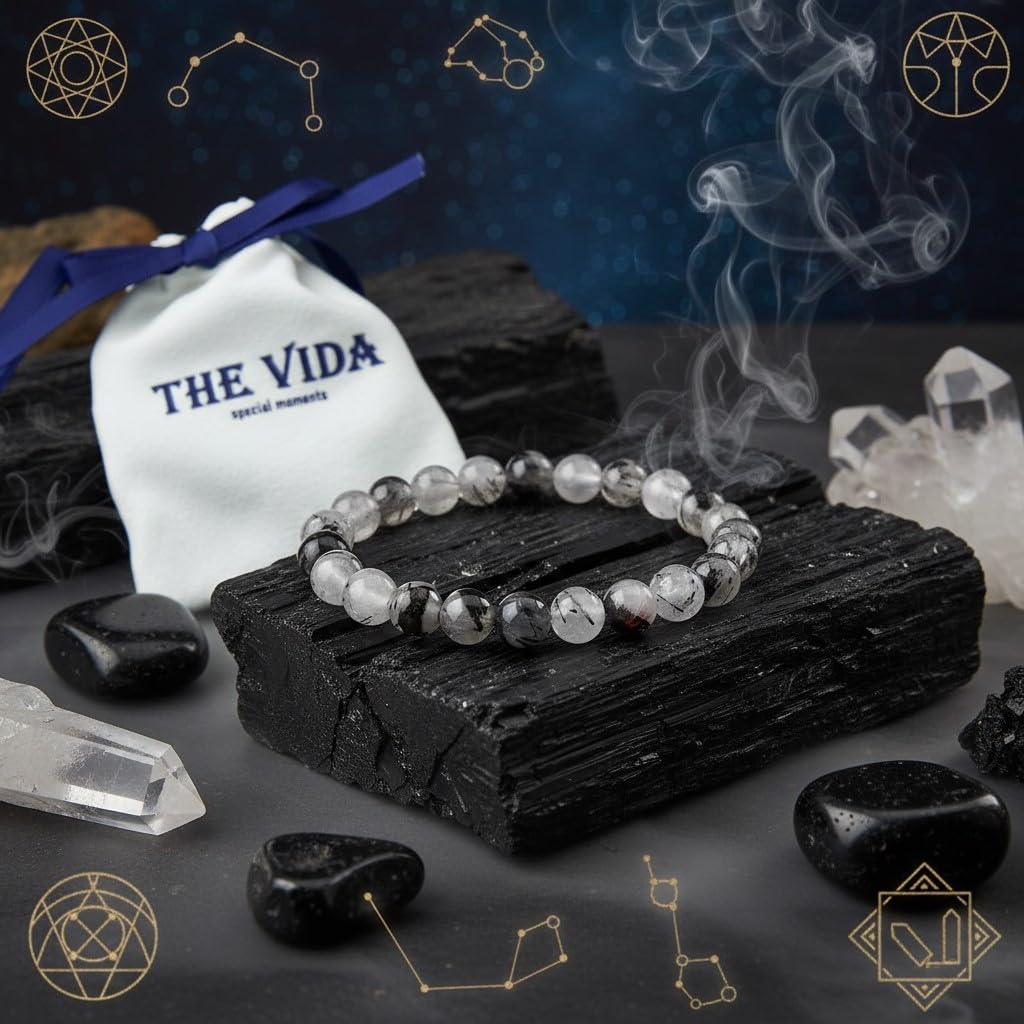 The Vida Handmade AAA+ Quality Crystal Stretch Elastic Bracelet - Nature Gemstone - Jewelry Gift - Holiday Gift - For Women & Men (Tourmalinated Quartz)