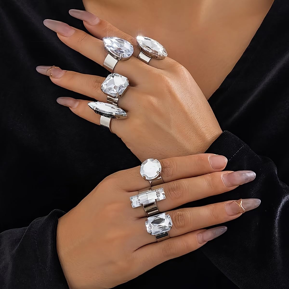 Vivian&CD Silver Chunky Cubic Zirconia Rings Set for Women, Open Adjustable Stackable Non-Tarnish Chunky Knuckle Rings Trendy Fake Diamond Wedding Engagement Promise Eternity Ring Jewelry (Silver)