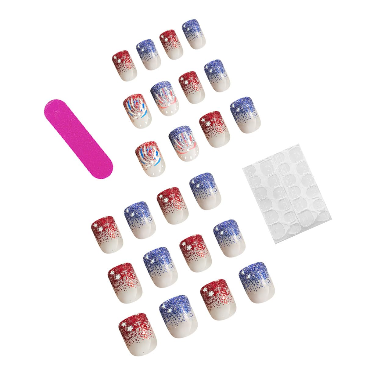 Independence Day Red Blue Glitter Firework Press on Nails Short Square 4th of July Fake Nails with Designs Bling Acrylic Nails Reusable Full Cover False Nails French Tips Glue on Nails for Women 24Pcs