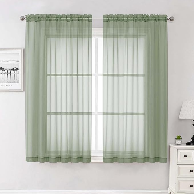 Lecloud Sage Green Sheer Curtains 63 Inch Length 2 Pcs, Dual Rod Pockets Light Filtering Window Curtains for Bedroom, Farmhouse Voile Solid Drapes for Living Room Bathroom, Each Panel 59" W x 63" L