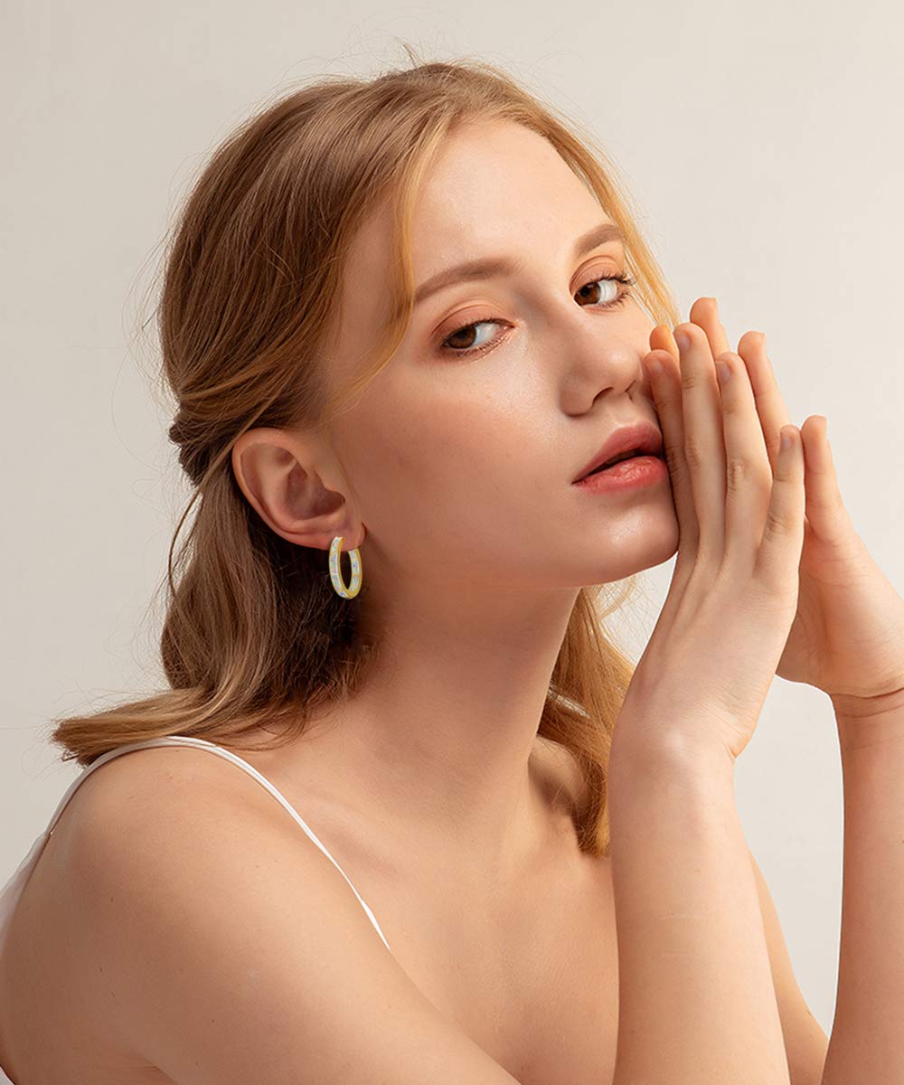 CiNily Hoop Earrings for Women,18K Yellow Gold Opal Earrings Ear Hoops Hypoallergenic Earring Gemstone Round Hoops for Ladies, Mom Small Hoop Earring