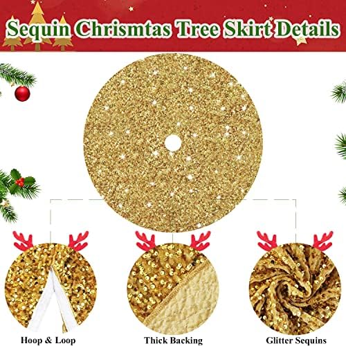 MODFUNS Gold Christmas Tree Skirts 36 Inches Sequence Christmas Tree Skirt Embroidered Christmas Tree Mats Farmhouse Round Merry Christmas Tree Skirt for New Year Birthday Ornament