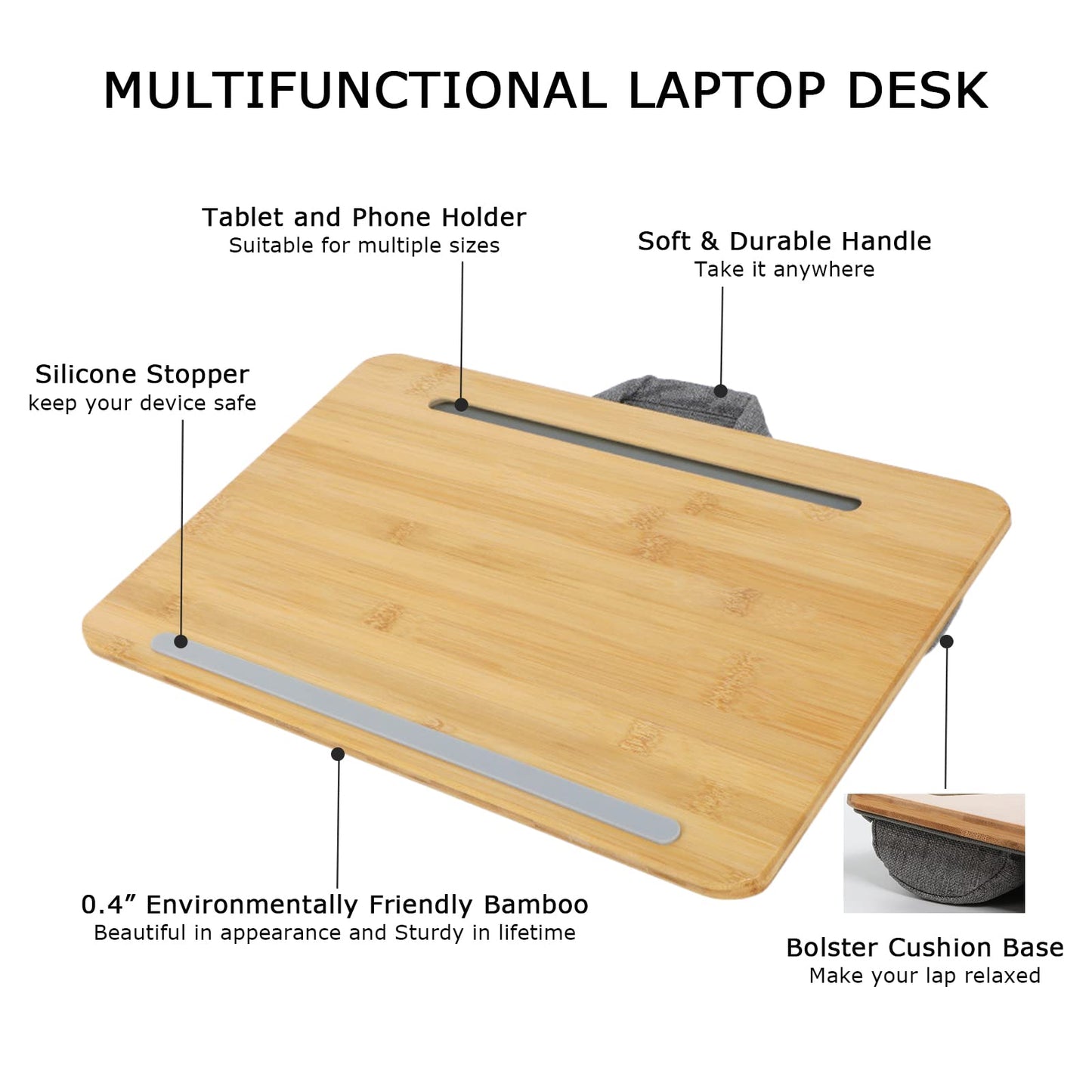 SUMISKY Portable Laptop Desk with Cushion and Phone Holder Bamboo Laptop Stand for Sofa Fits Up to 14 Inches