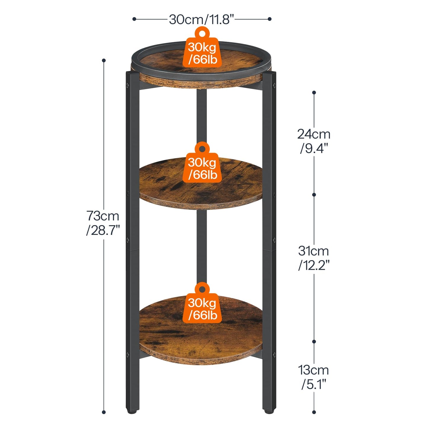 HOOBRO Small Round Side Table, 3-Tier Tall Coffee Drink Table for Sofa Couch, 28.7" H Slim Nightstand, Circle Accent End Table for Living Room, Corner, Bedroom, Rustic Brown BF182BZ01