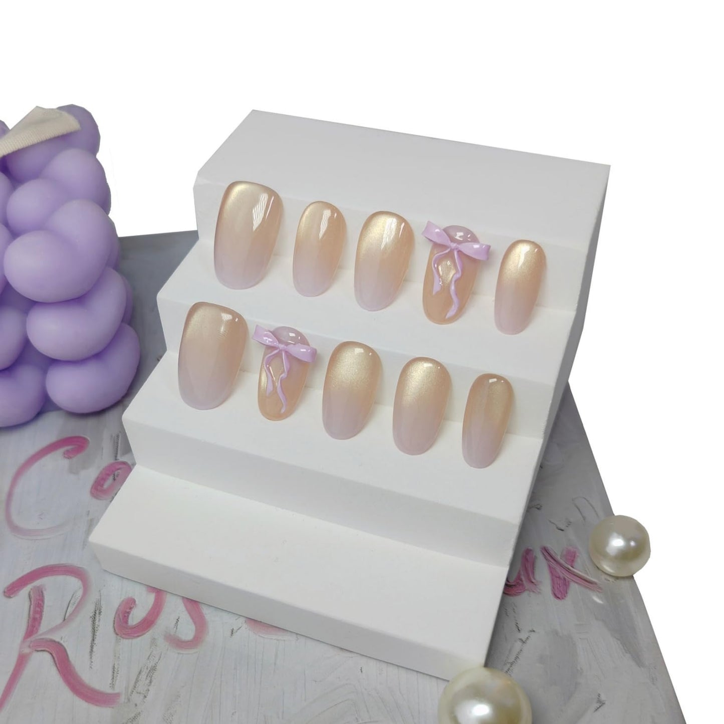 Short/Medium Oval Nails Handmade Glitter Press on Nails with Designs, Cat Eye/Aurora Women Reusable False Nails (Purple Ombre#Medium)