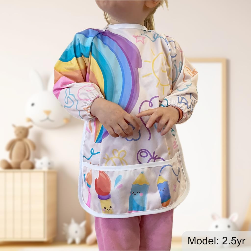 Madrona Brands Rainbow Doodle Full Long Sleeve Waterproof Toddler Art Smock | Crafts Cover, Paint Apron, Baby Bib | Fits Kids 1-3 Years