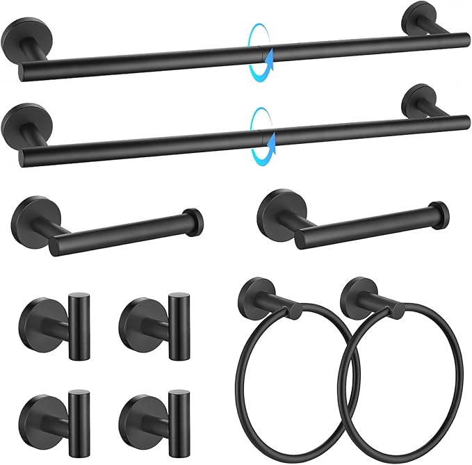 TQKAG Matte Black Bathroom Hardware Accessories Set 10-Pieces, Premium SUS304 Stainless Steel Bathroom Towel Bar Holder Set 23.6 Inch Round Towel Racks for Bathroom Wall Mounted