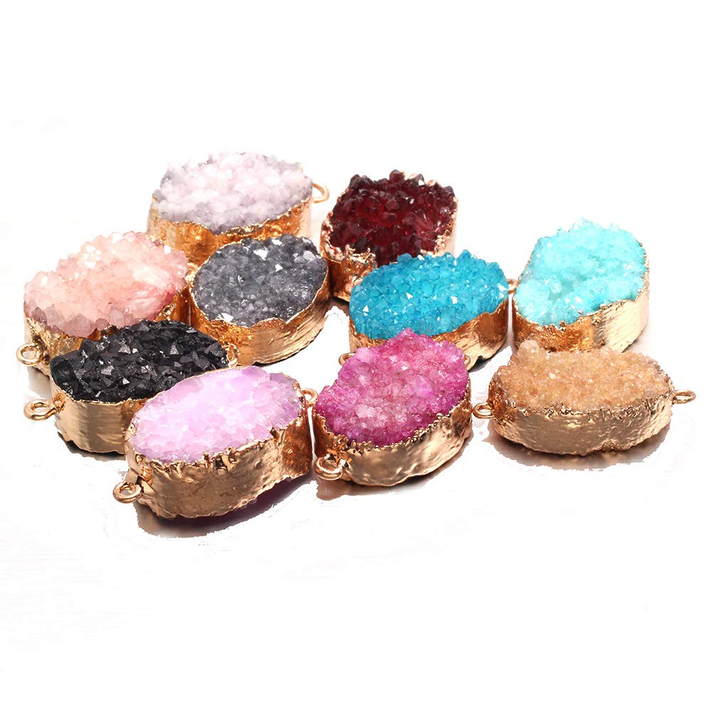 LHJ 5Pcs Natural Druzy Agate Connectors Random Color Stone Pendant Charms for Making Necklace Craft