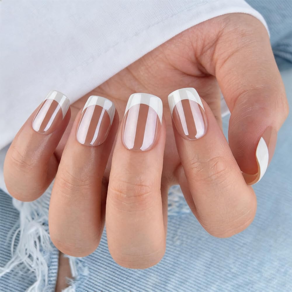 evpct French Tip Press On Nails Short Square, Nude Brown + White Tips, Chrome Glazed Glossy Short Square Fake False Press on Nails, Reusable Gel Stick on nail Press ons with Nail Kit, Salon Quality