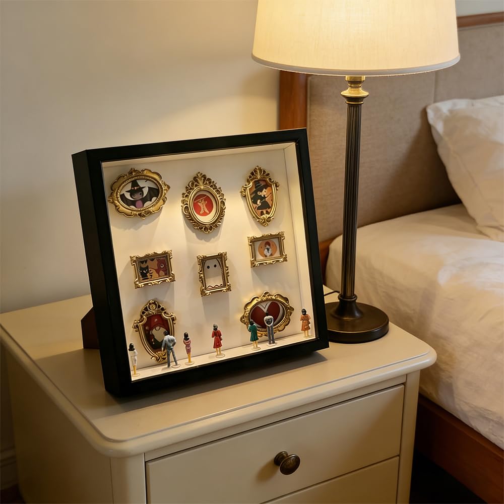 DIY Shadow Box Kit for Personalized Memories, Custom Memory Display with Mini Figurines and Gold Frames, Creative Home Decor Gift for Wedding Anniversary & Family Photos (Black,Without Lights)